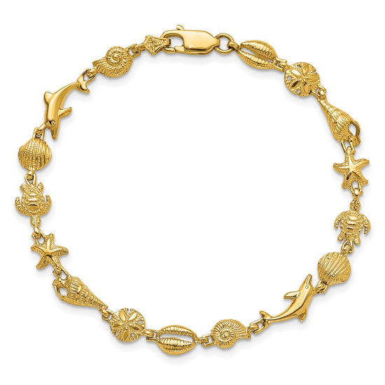 14K Polished and Textured Sea Life 7.25 inch Bracelet