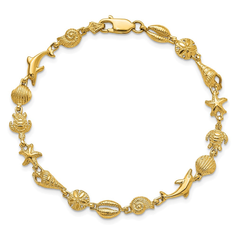 14K Polished and Textured Sea Life 7.25 inch Bracelet
