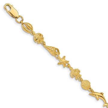 14K Polished and Textured Sea Life 7.25 inch Bracelet