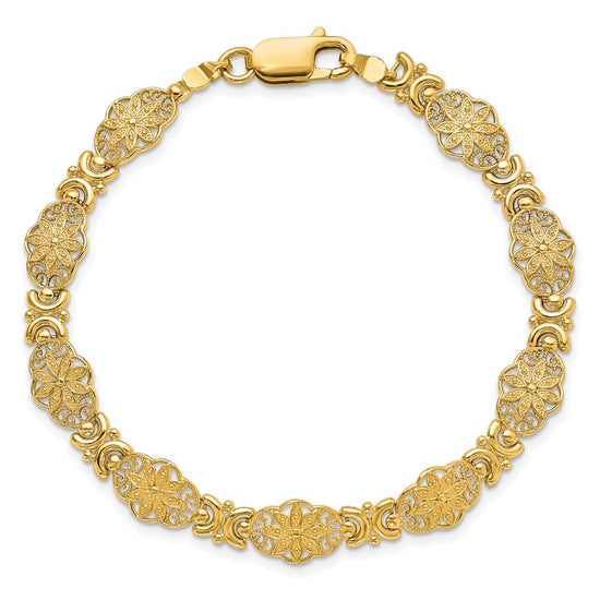 14K Polished and Textured Fancy Floral Link 7.5 inch Bracelet