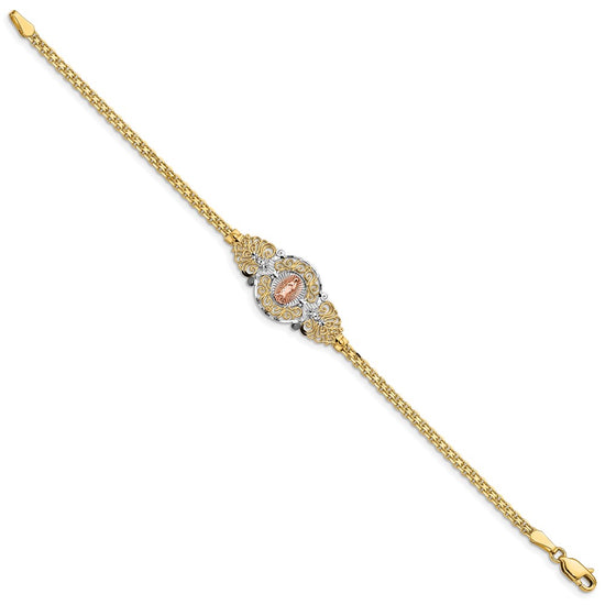 14k Two-tone with White Rhodium Our Lady of Guadalupe and Bismark Chain 7 inch Bracelet