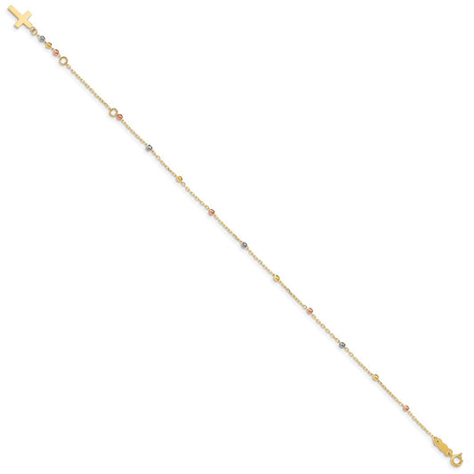 14K Tri-color Diamond-cut Beaded 7 inch Bracelet Plus 1 inch Cross Extender
