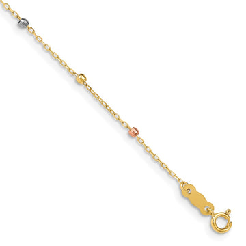 14K Tri-color Diamond-cut Beaded 7 inch Bracelet Plus 1 inch Cross Extender