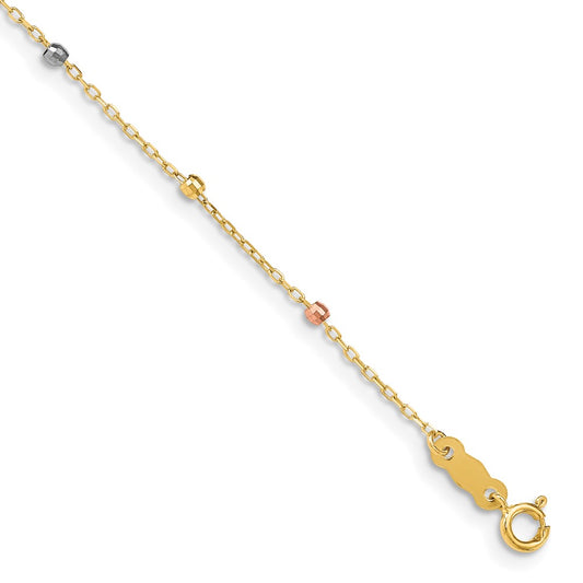 14K Tri-color Diamond-cut Beaded 7 inch Bracelet Plus 1 inch Cross Extender