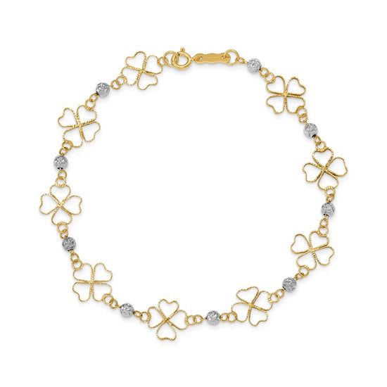 14k Two-tone Diamond-cut Open 4-Leaf Clovers and Beads 7.5 inch Bracelet