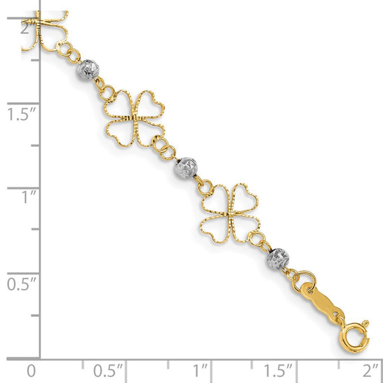 14k Two-tone Diamond-cut Open 4-Leaf Clovers and Beads 7.5 inch Bracelet
