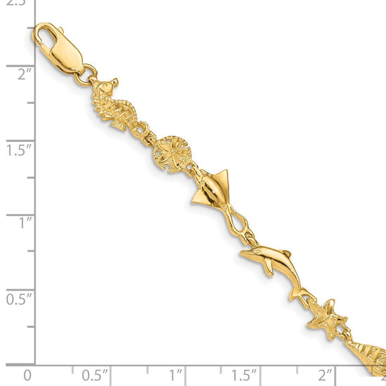 14k Polished and Textured Ocean Motif 7 inch Bracelet