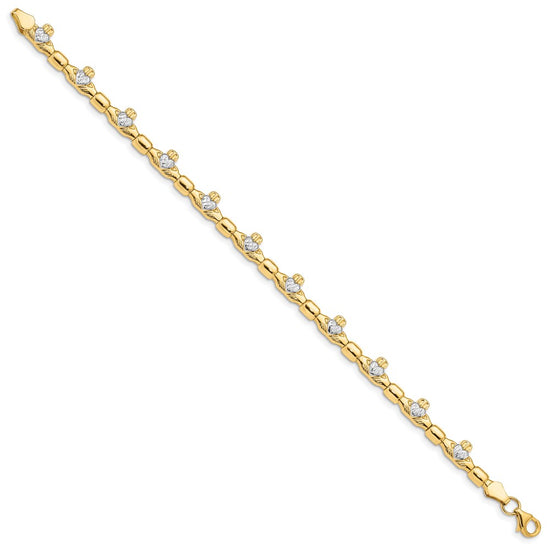 14K with White Rhodium Diamond-cut Claddagh Polished Link 7.25 inch Bracelet