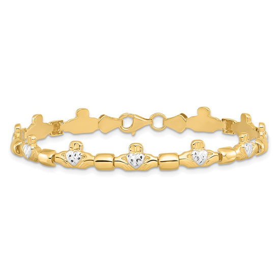 14K with White Rhodium Diamond-cut Claddagh Polished Link 7.25 inch Bracelet