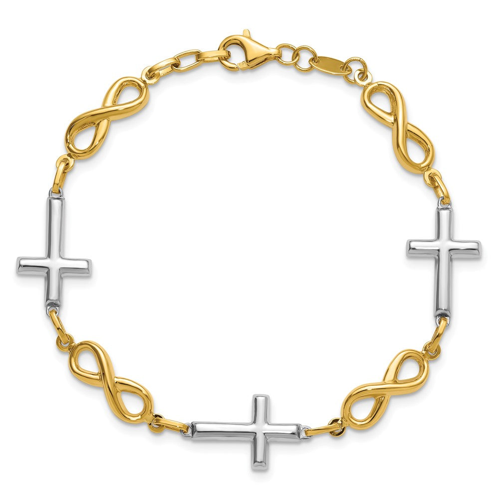 14K with White Rhodium Polished Cross and Infinity Symbol Link 7.25 inch Bracelet