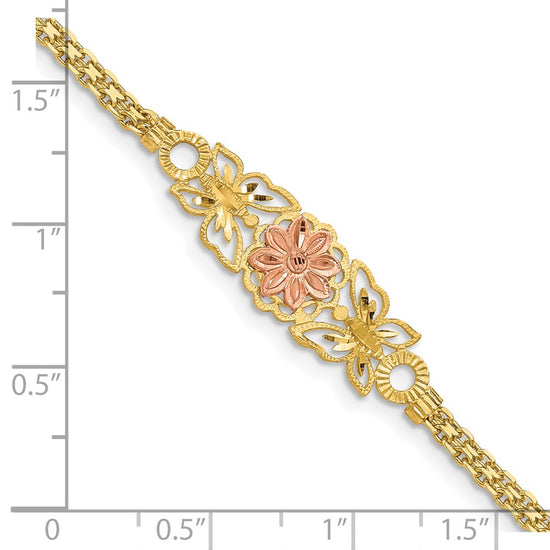 14K Two-tone Brushed and Polished Flower with Butterflies and Bismark Chain 7 inch Bracelet
