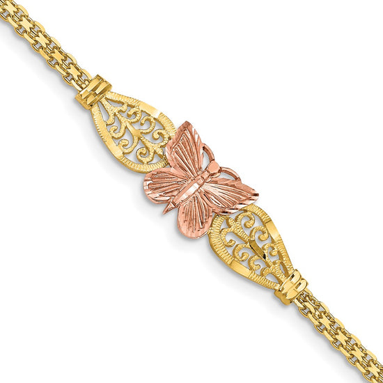 14K Two-tone Polished Diamond-cut Butterfly with Filigree and Bismark Chain 7 inch Bracelet
