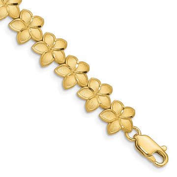 14K Brushed and Diamond-cut Plumeria Floral 7.25 inch Bracelet