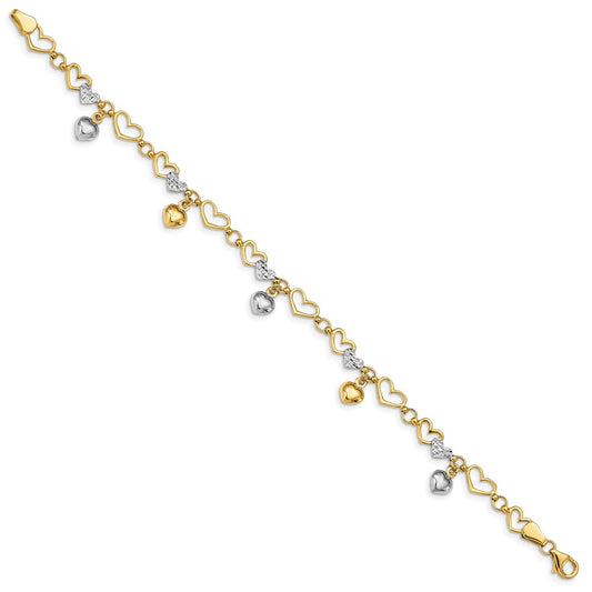 14K and White Rhodium Polished Dangles and Diamond-cut Heart Links 7.25 inch Bracelet