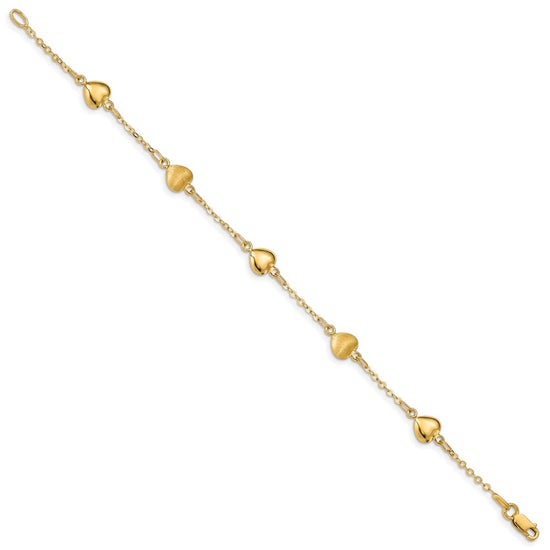 14K Brushed and Polished Puffed Hearts 7 inch Bracelet