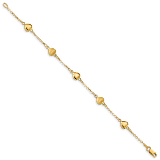 14K Brushed and Polished Puffed Hearts 7 inch Bracelet