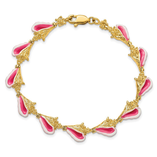 14K Pink and White Enameled 3-D Conch Shell 7.25 inch Bracelet