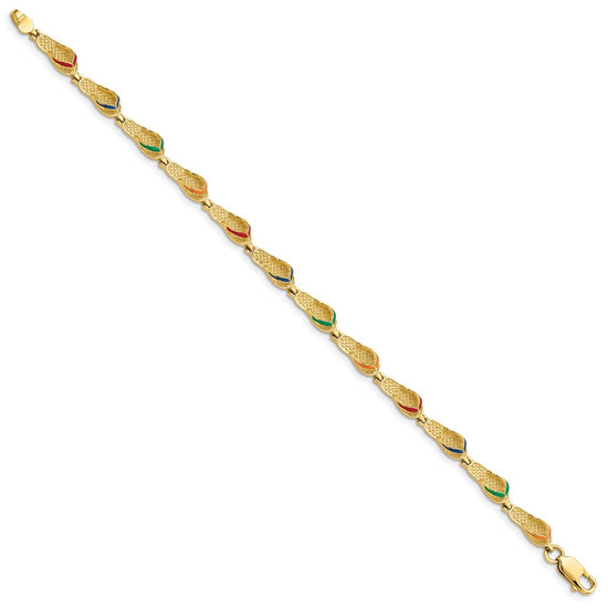 14k Red/Blue/Green/Orange Enameled Flip Flop 7.25 inch Bracelet