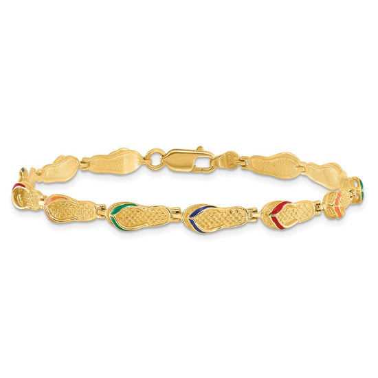 14k Red/Blue/Green/Orange Enameled Flip Flop 7.25 inch Bracelet