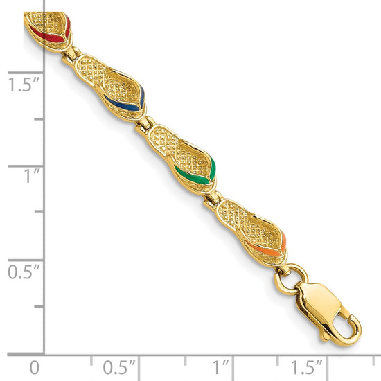 14k Red/Blue/Green/Orange Enameled Flip Flop 7.25 inch Bracelet