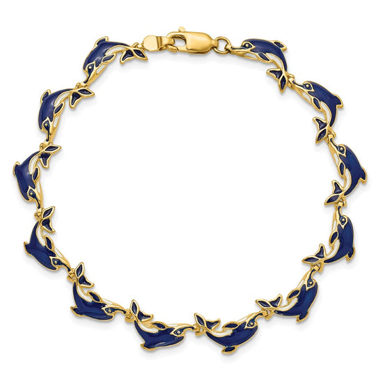 14k Blue Enameled Dolphin 7.25 inch Bracelet