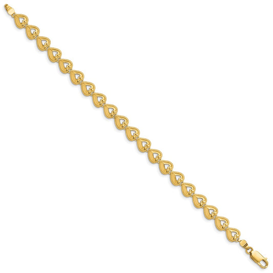 14K Polished Beaded Cut-out Hearts 7 inch Bracelet
