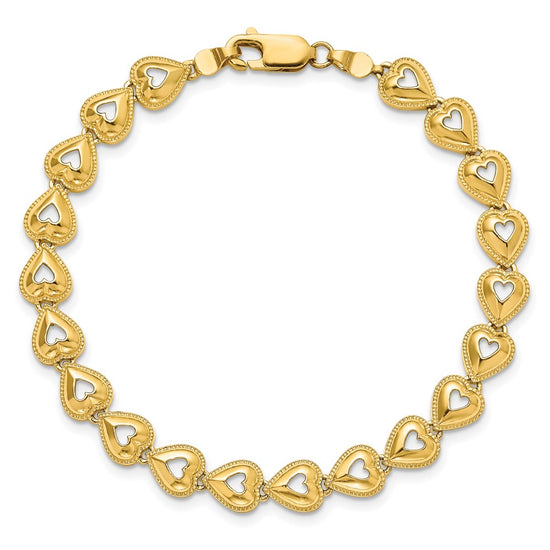 14K Polished Beaded Cut-out Hearts 7 inch Bracelet