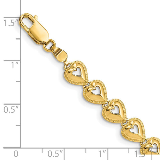 14K Polished Beaded Cut-out Hearts 7 inch Bracelet