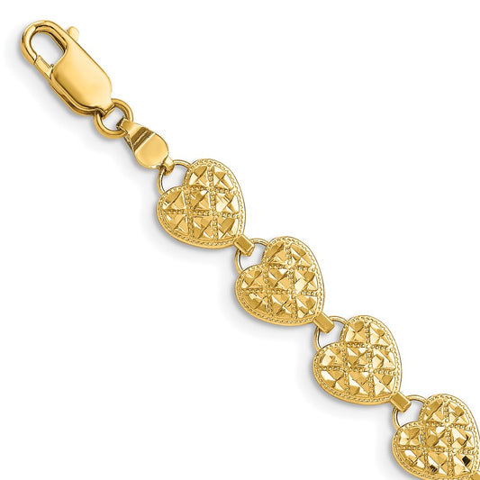 14K Polished Diamond-cut Hearts 7 inch Bracelet