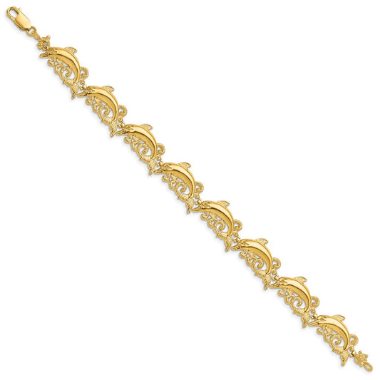 14k Polished Dolphin and Waves 7.5 inch Bracelet