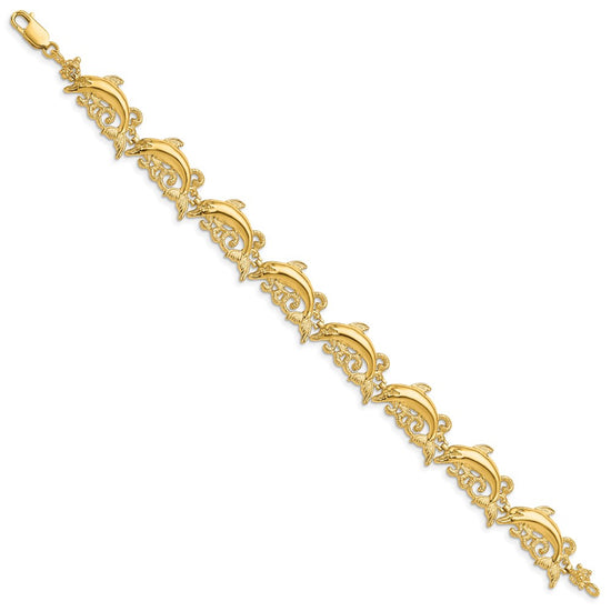 14k Polished Dolphin and Waves 7.5 inch Bracelet