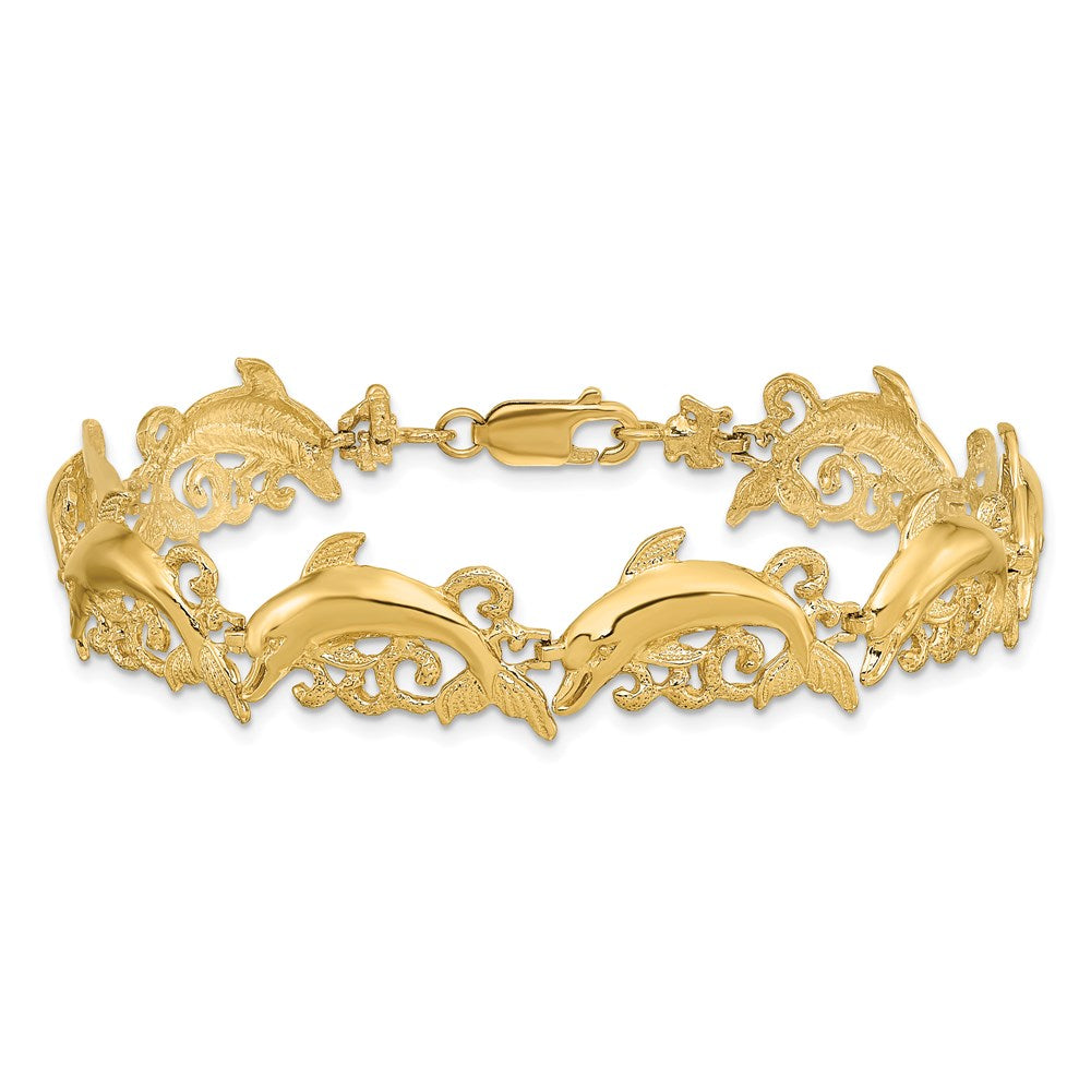 14k Polished Dolphin and Waves 7.5 inch Bracelet