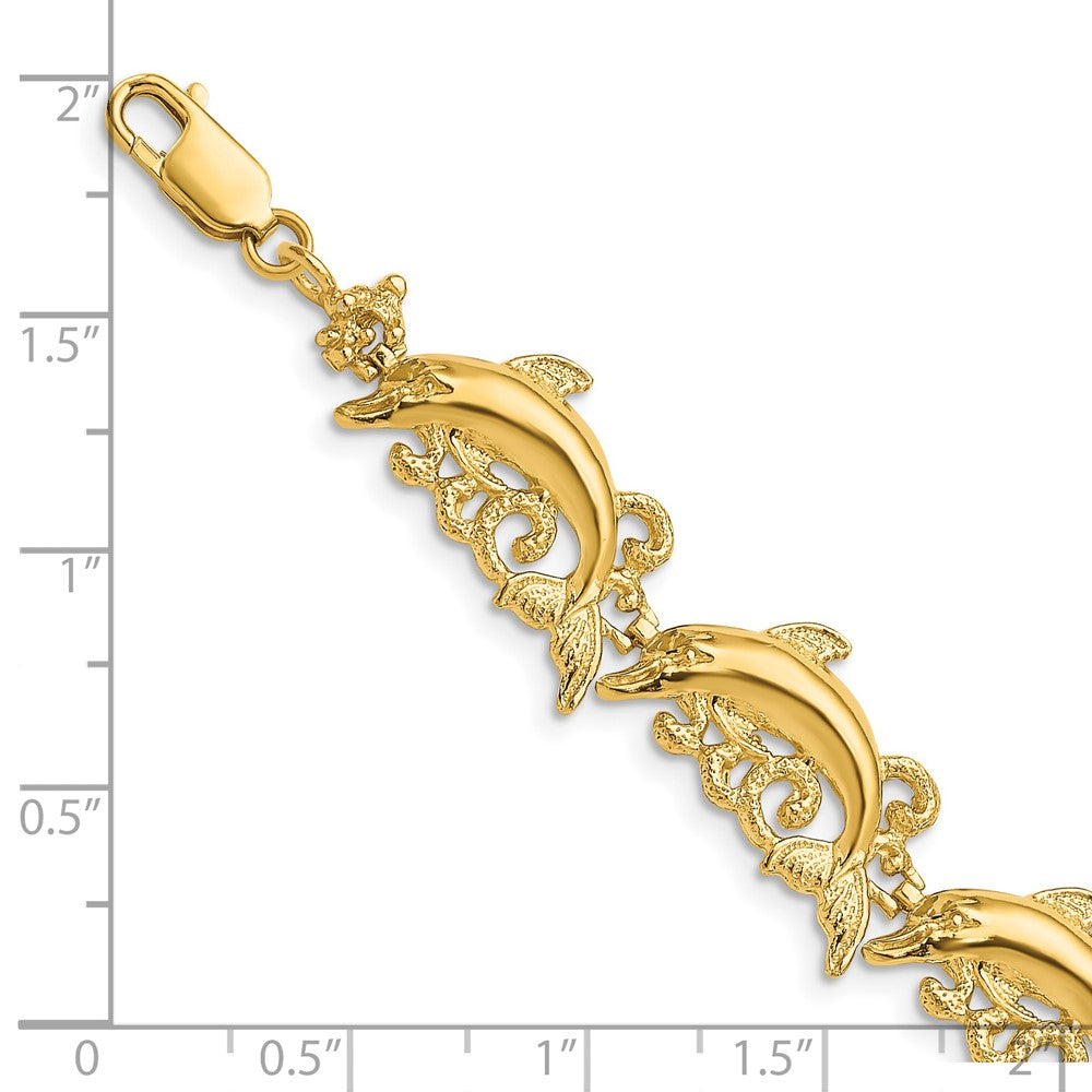 14k Polished Dolphin and Waves 7.5 inch Bracelet