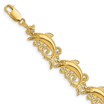14k Polished Dolphin and Waves 7.5 inch Bracelet
