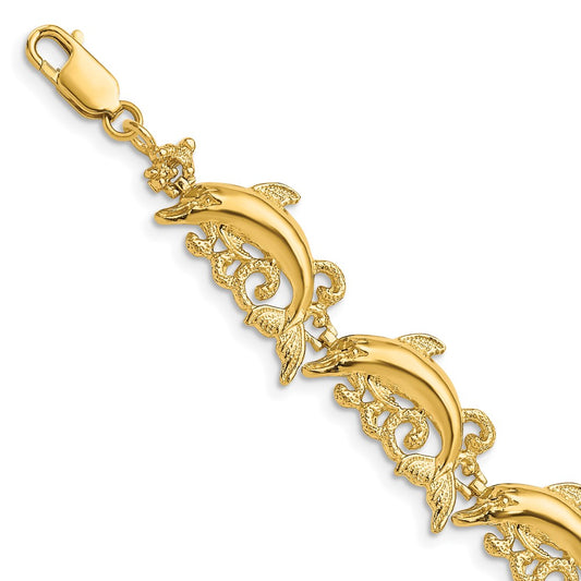 14k Polished Dolphin and Waves 7.5 inch Bracelet