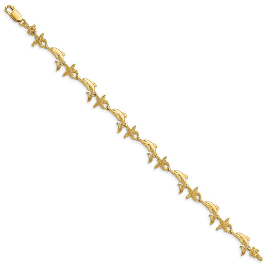 14K Polished and Textured Dolphin and Starfish 7.5 inch Bracelet
