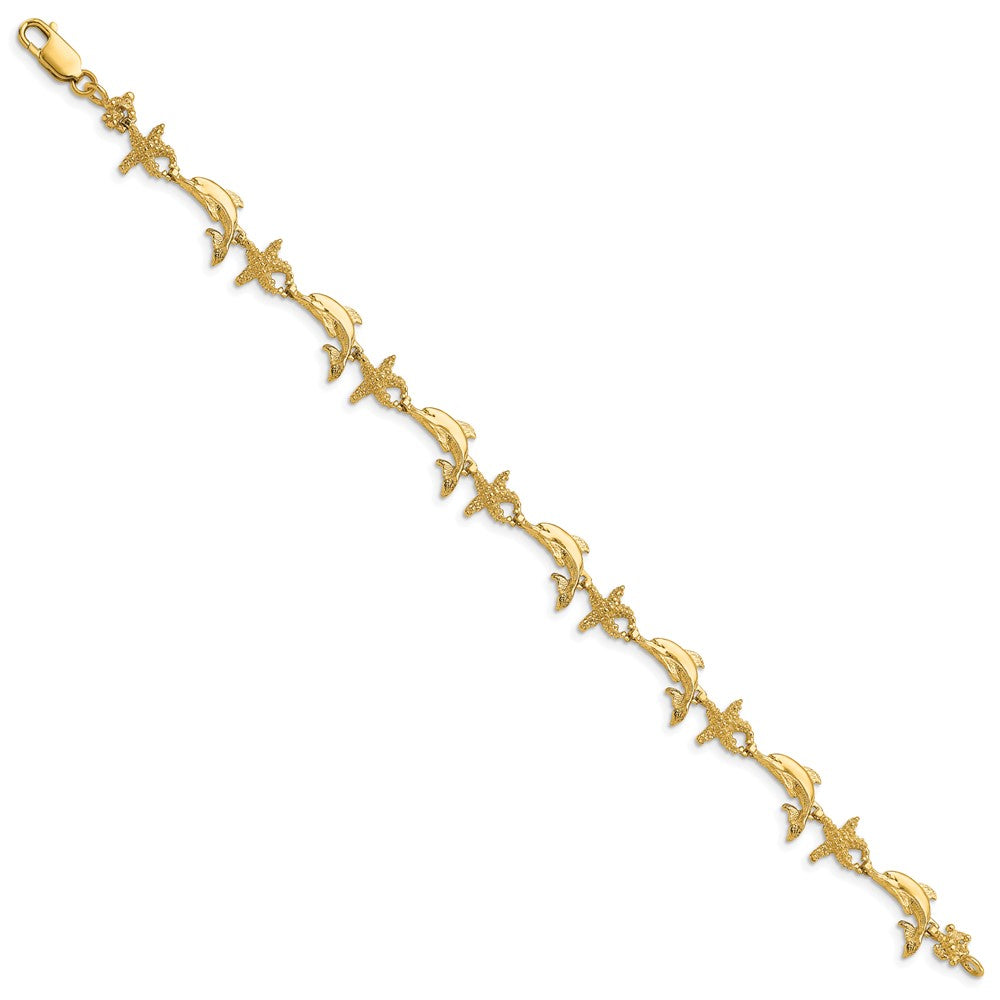 14K Polished and Textured Dolphin and Starfish 7.5 inch Bracelet