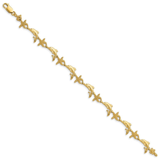 14K Polished and Textured Dolphin and Starfish 7.5 inch Bracelet