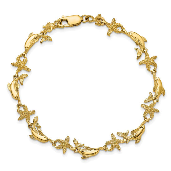 14K Polished and Textured Dolphin and Starfish 7.5 inch Bracelet