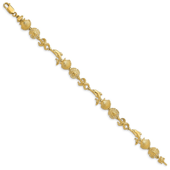 14K Polished Dolphin and Sea Shells 7 inch Bracelet