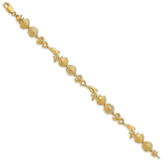 14K Polished Dolphin and Sea Shells 7 inch Bracelet