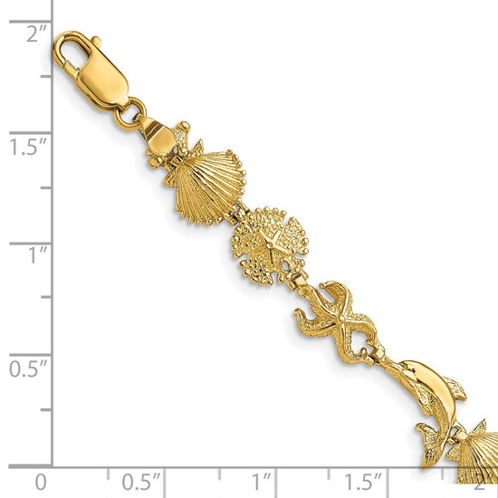 14K Polished Dolphin and Sea Shells 7 inch Bracelet