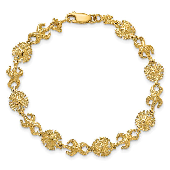 14K Polished Starfish and Sand Dollar 7 inch Bracelet