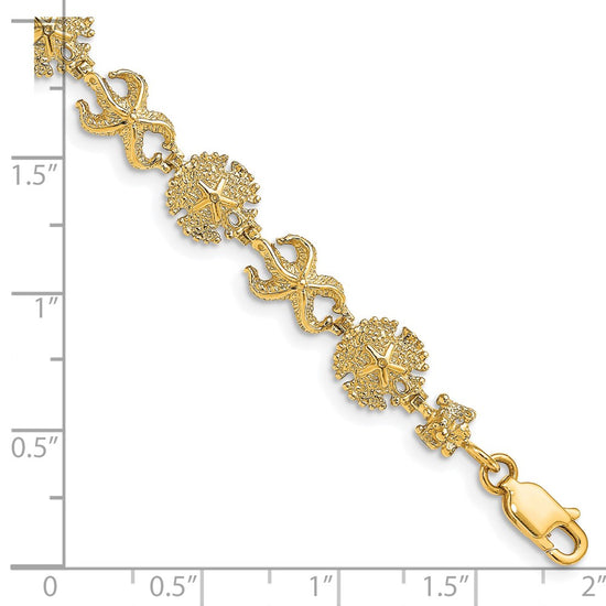 14K Polished Starfish and Sand Dollar 7 inch Bracelet