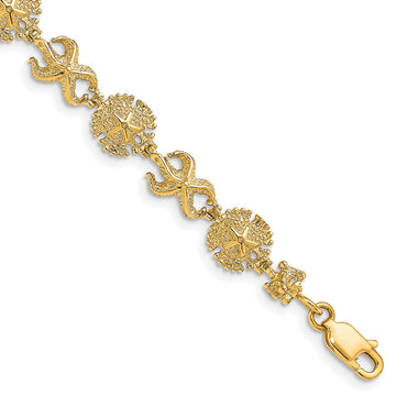 14K Polished Starfish and Sand Dollar 7 inch Bracelet