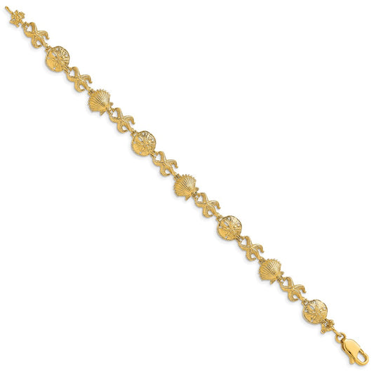 14K Polished Shell/Sand Dollar/Starfish 7 inch Bracelet