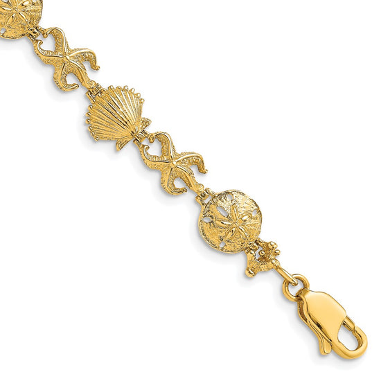 14K Polished Shell/Sand Dollar/Starfish 7 inch Bracelet