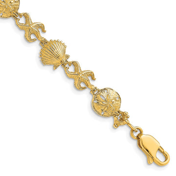 14K Polished Shell/Sand Dollar/Starfish 7 inch Bracelet