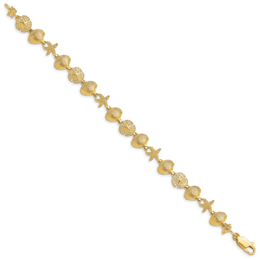 14K Polished Sand Dollar/Clam Shell/Starfish 7.25 inch Bracelet