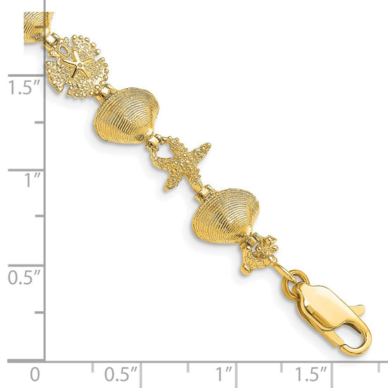 14K Polished Sand Dollar/Clam Shell/Starfish 7.25 inch Bracelet
